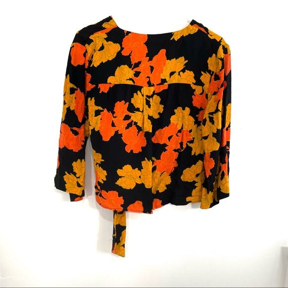 TopShop Black Orange Mustard 70s Floral Surplice Half Sleeve Wrap Top 4 Small - Picture 8 of 8
